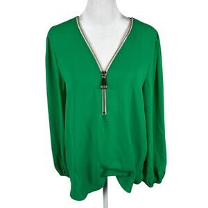 Carmen Marc Valvo Top Green Zipper V-Neck Medium 3/4 Slv Career Business Casual